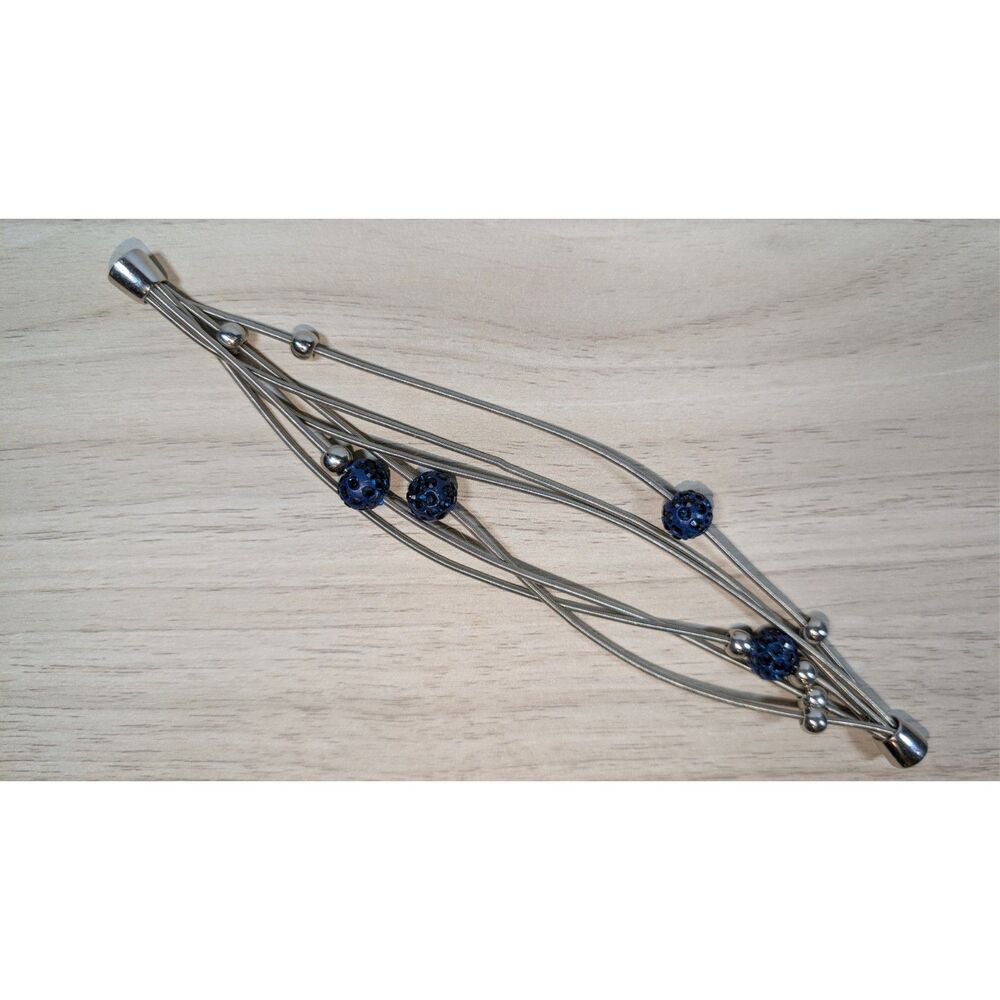 Silver Multi Strand Bracelet Blue Rhinestone Beads Adjustable Slider